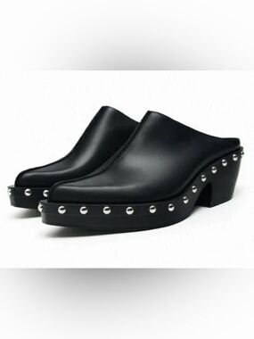 Zara Studded Black Leather Mule Clogs - Women